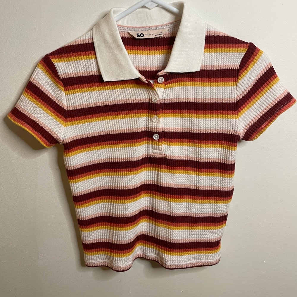 SO Goods for Life Women's Stripe Ribbed Knit Polo Shirt Size S